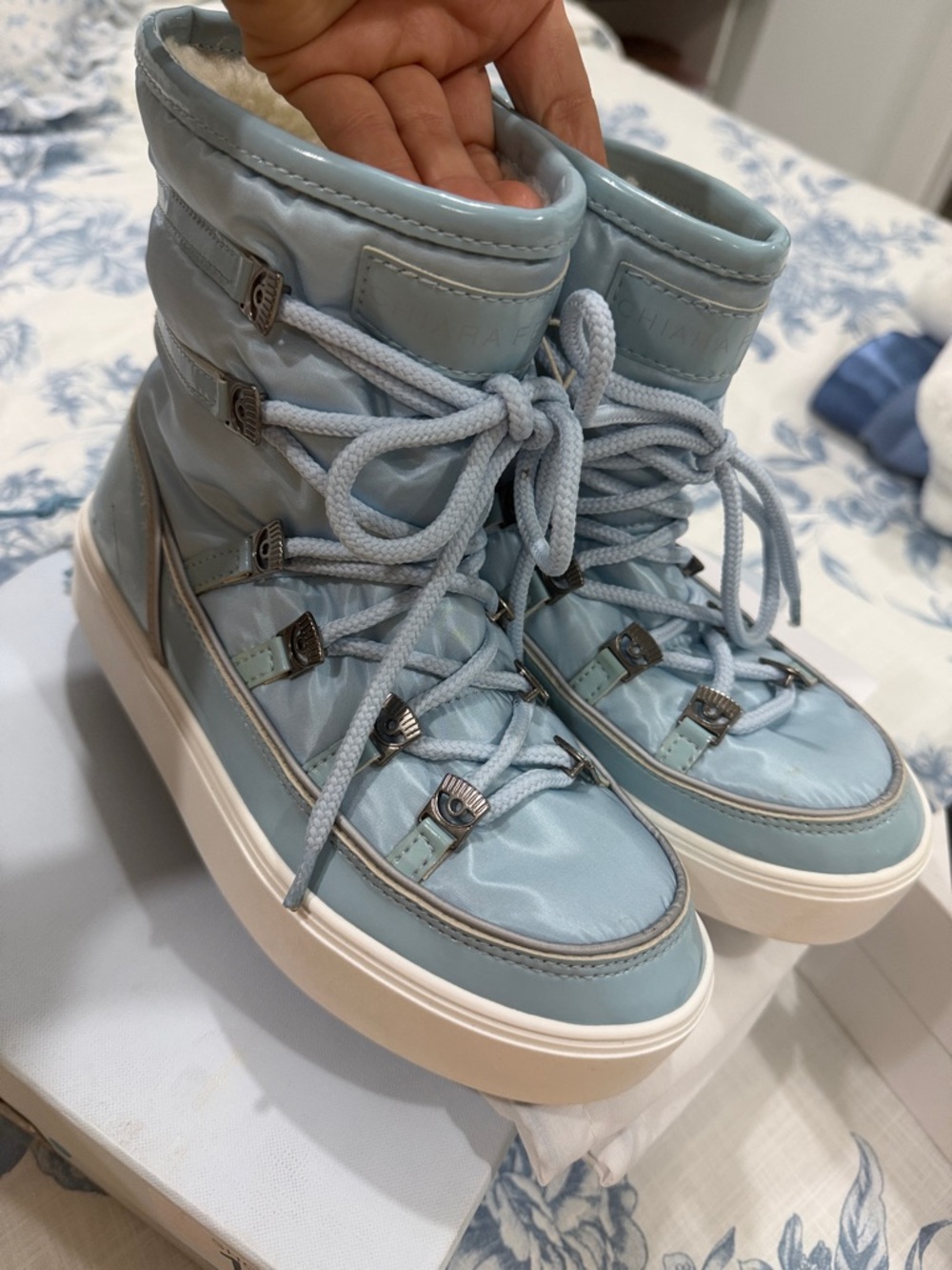 Chiara Ferragni Light Blue Quilted Lace-Up Winter Boots